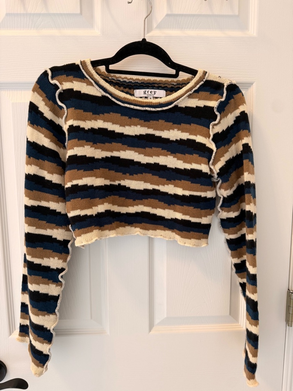 Grey Striped Cropped Knit Top - Navy, Brown & Cream